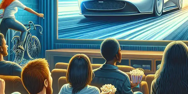 A cozy home theater with diverse movie enthusiasts enjoying an action film, surrounded by popcorn and film posters.