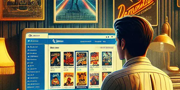 A cozy room with a vintage computer displaying film posters, featuring a thoughtful person and film memorabilia.