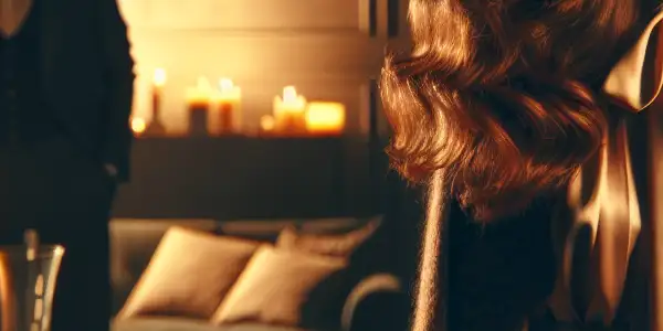 A beautiful sister-in-law in a cozy living room, hinting at a complex, romantic tension with a shadowy male figure.